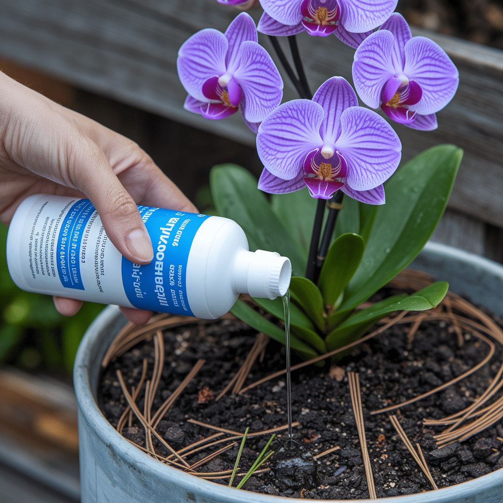 Adubo líquido sendo aplicado em uma orquídea.