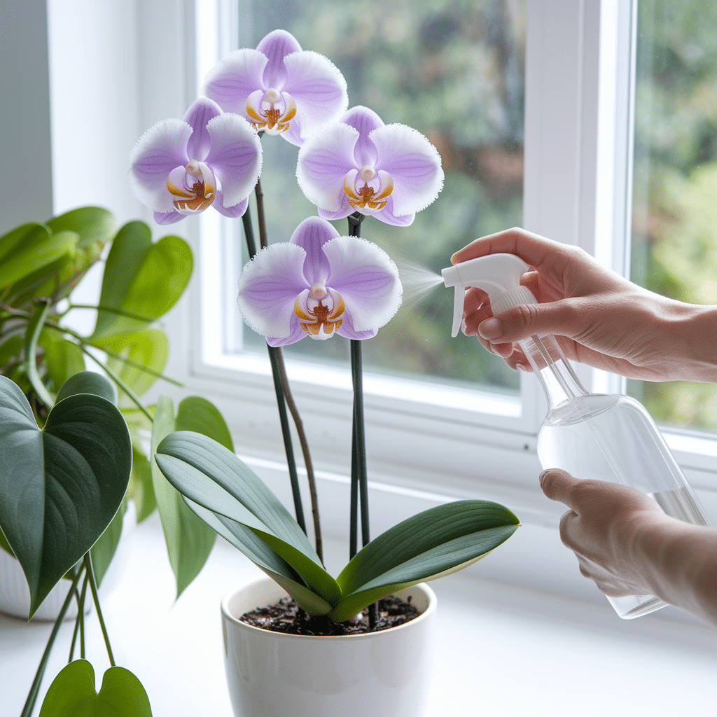 Mãos regando uma orquídea com um borrifador