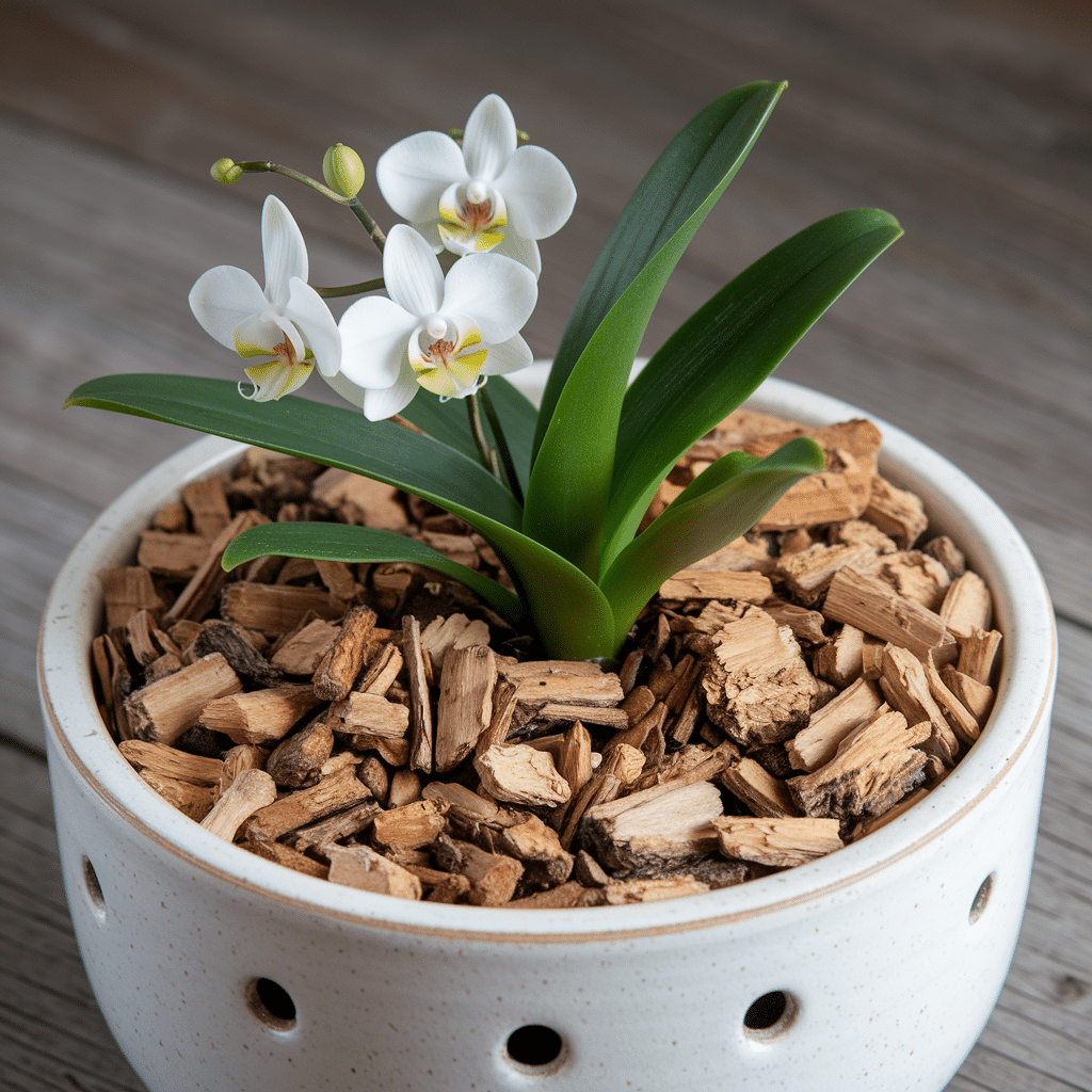 Vaso com substrato de casca de pinus para orquídeas