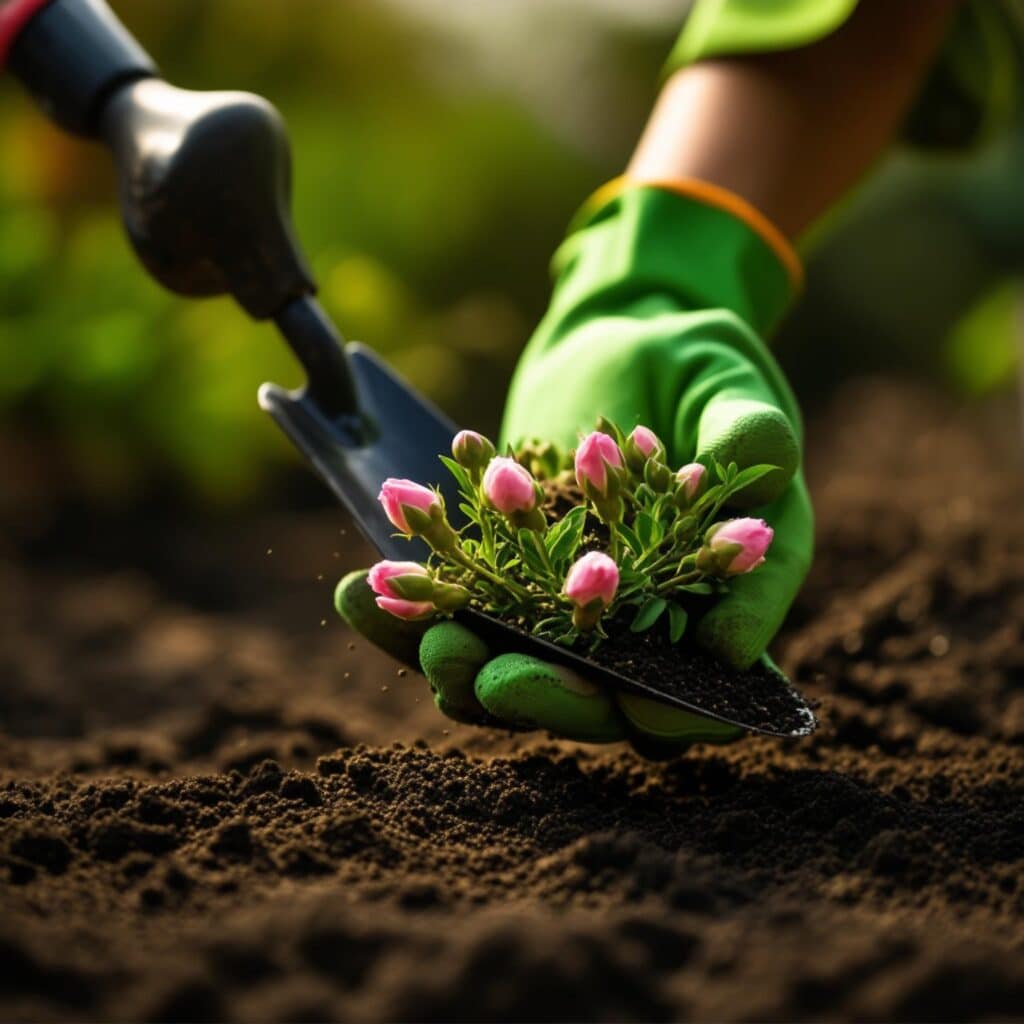 Adubação sendo aplicada na base da rosa do deserto para estimular a floração.