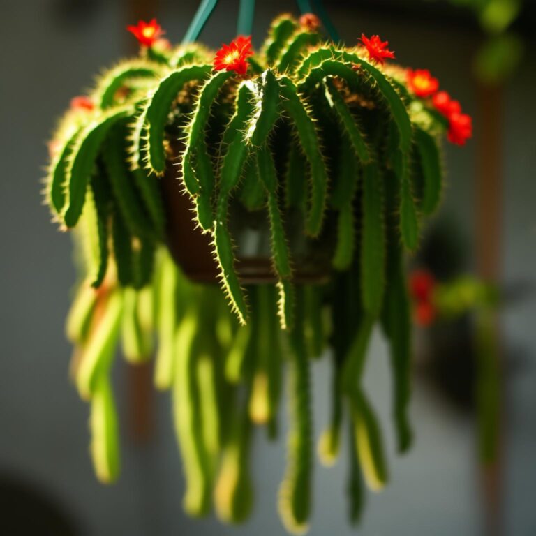 Cacto cauda de macaco pendurado em vaso, com hastes longas e flores vermelhas.