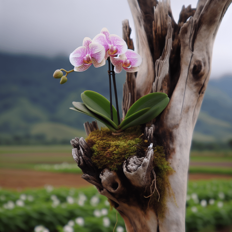 Orquídea Phalaenopsis fixada em um tronco seco de árvore.