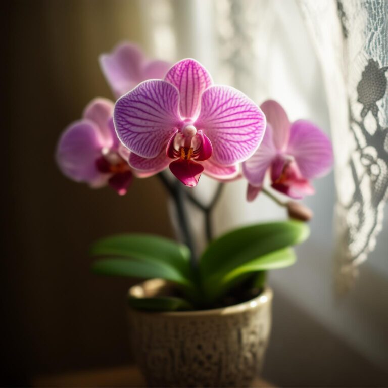 Orquídeas recebendo luz indireta perto de uma janela com cortina.