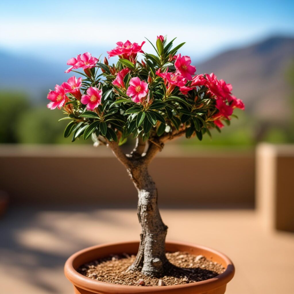 Rosa do deserto com flores vibrantes após a poda correta.