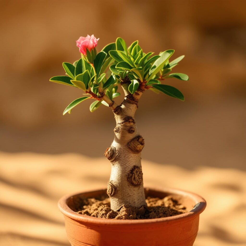 rosa do deserto em vaso, recebendo luz solar após a poda.