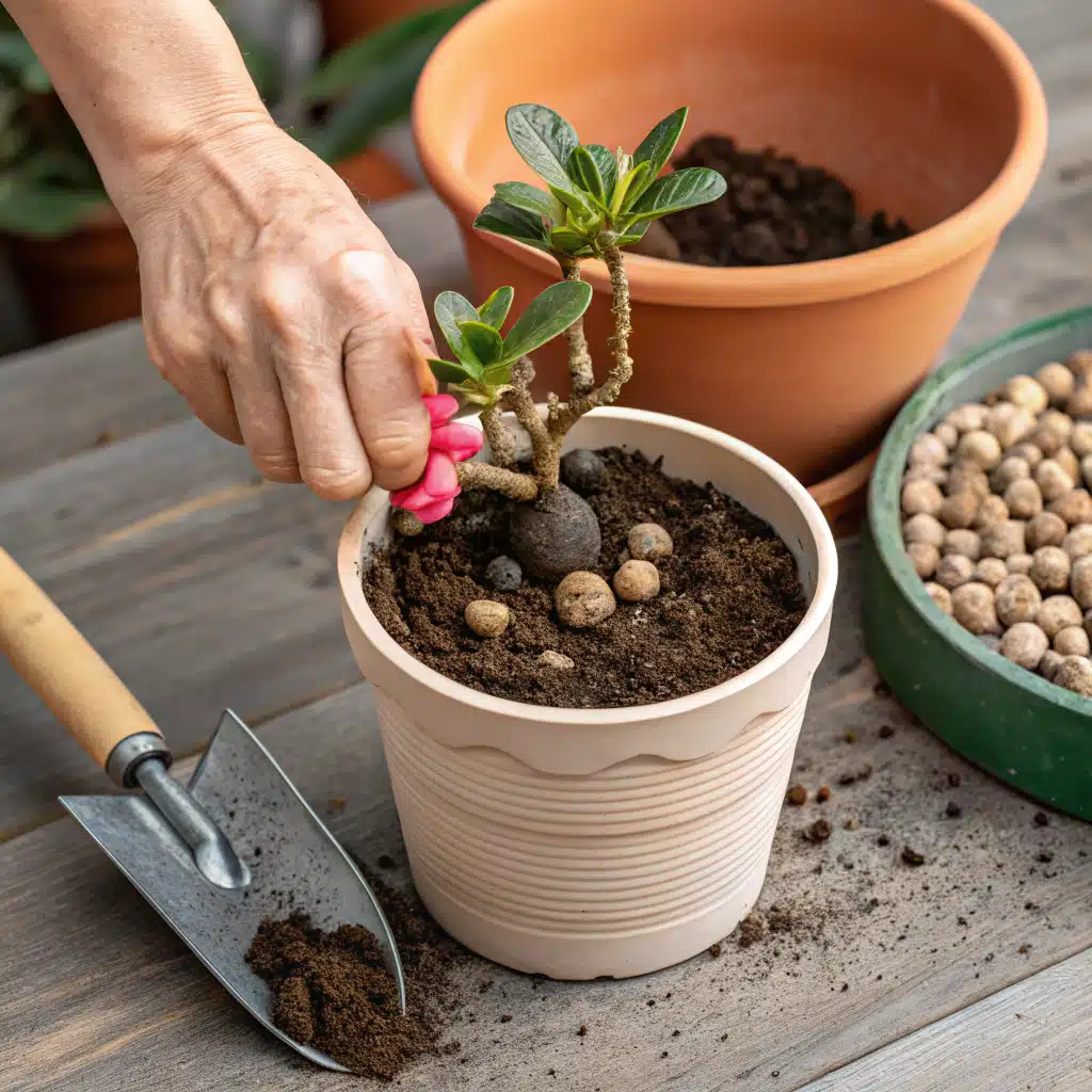 Como plantar rosa do deserto mão colocando pedras no fundo do vaso para drenagem