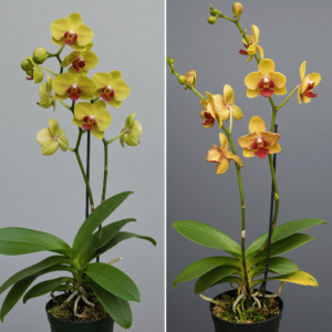 Diferença entre orquídea saudável e doente folhas firmes vs amareladas e murchas
