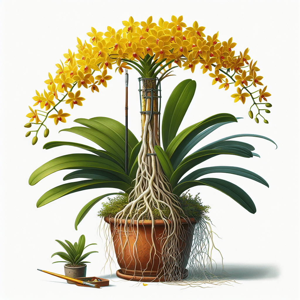 Orquídea Chuva de Ouro plantada em um vaso, destacando suas raízes aéreas e folhas verdes.