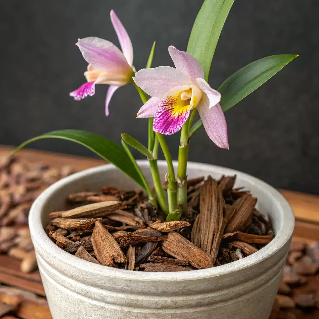 Orquídea bambu plantada em um vaso com substrato de casca de pinus, ilustrando o cultivo ideal para a planta.