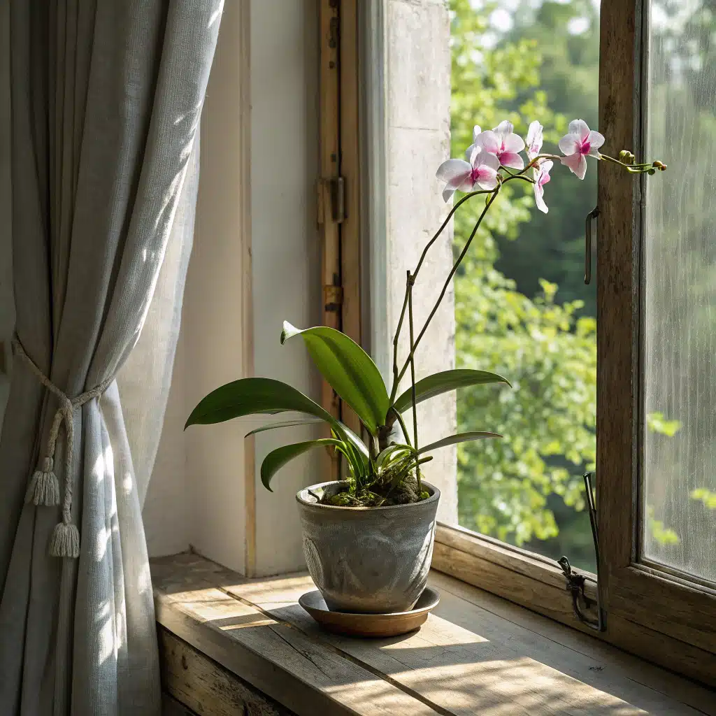 Orquídea bambu posicionada perto de uma janela com cortina, recebendo luz indireta ideal para seu crescimento.