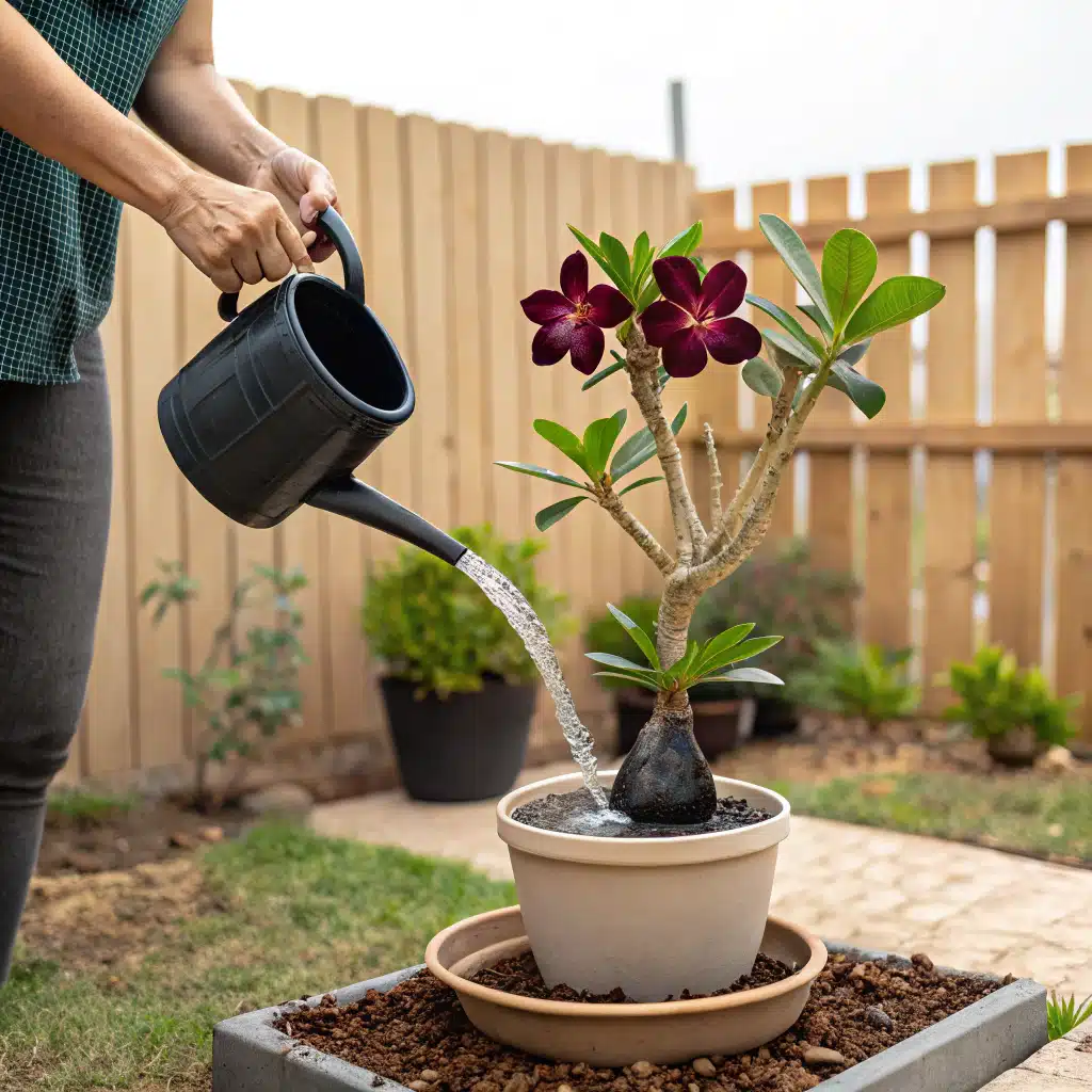 Pessoa regando uma Rosa do Deserto Negra, demonstrando os cuidados básicos com a planta.