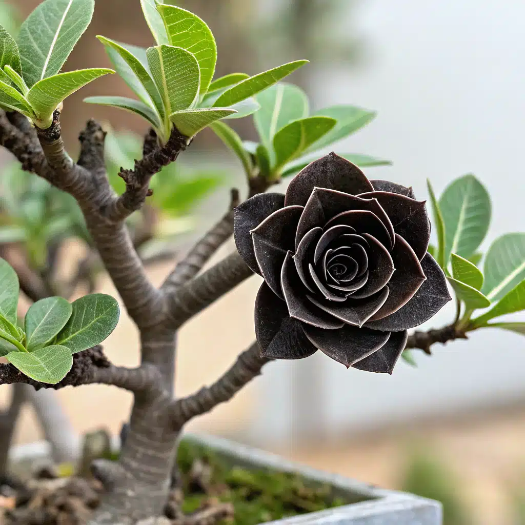 Poda sendo realizada em uma Rosa do Deserto Negra, mostrando como manter a planta saudável e bonita.