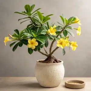 Rosa do Deserto Amarelo em um vaso de cerâmica, com flores amarelas vibrantes e folhas verdes brilhantes