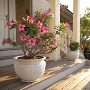 Rosa do deserto florida em vaso de cerâmica branco, enfeitando uma varanda