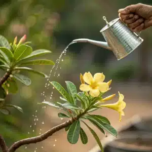 Mão regando rosa do deserto amarela com regador de bico fino